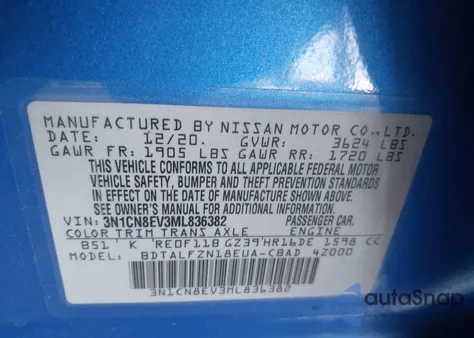 2021 Nissan Versa Sv Xtronic Cvt from USA, damaged, VIN 3N1CN8EV3ML836382